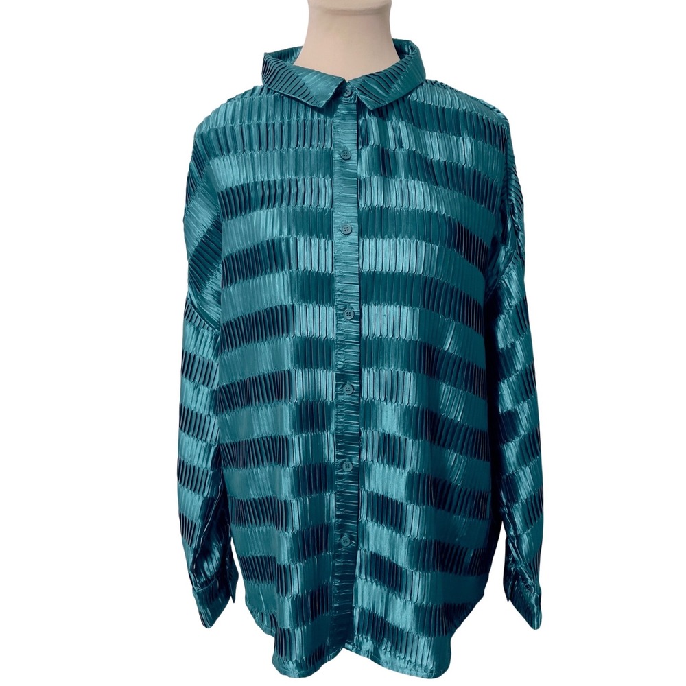 Willow + Root Women Pleated Button Down Shirt Medium Teal Plisse Blouse